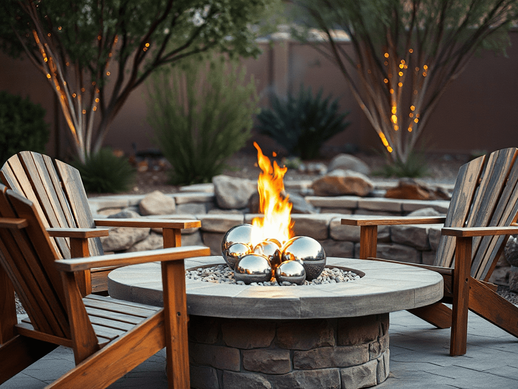  photo of a gas fire pit with metal spheres accessory art inside